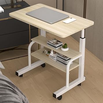 Standing Desk with Storage Shelves, Desks on Wheels Adjustable Height, Computer Desk on Wheels, Moveable Table, Portable Desks, Small Standing Table, Mobile Computer Table for Home Office