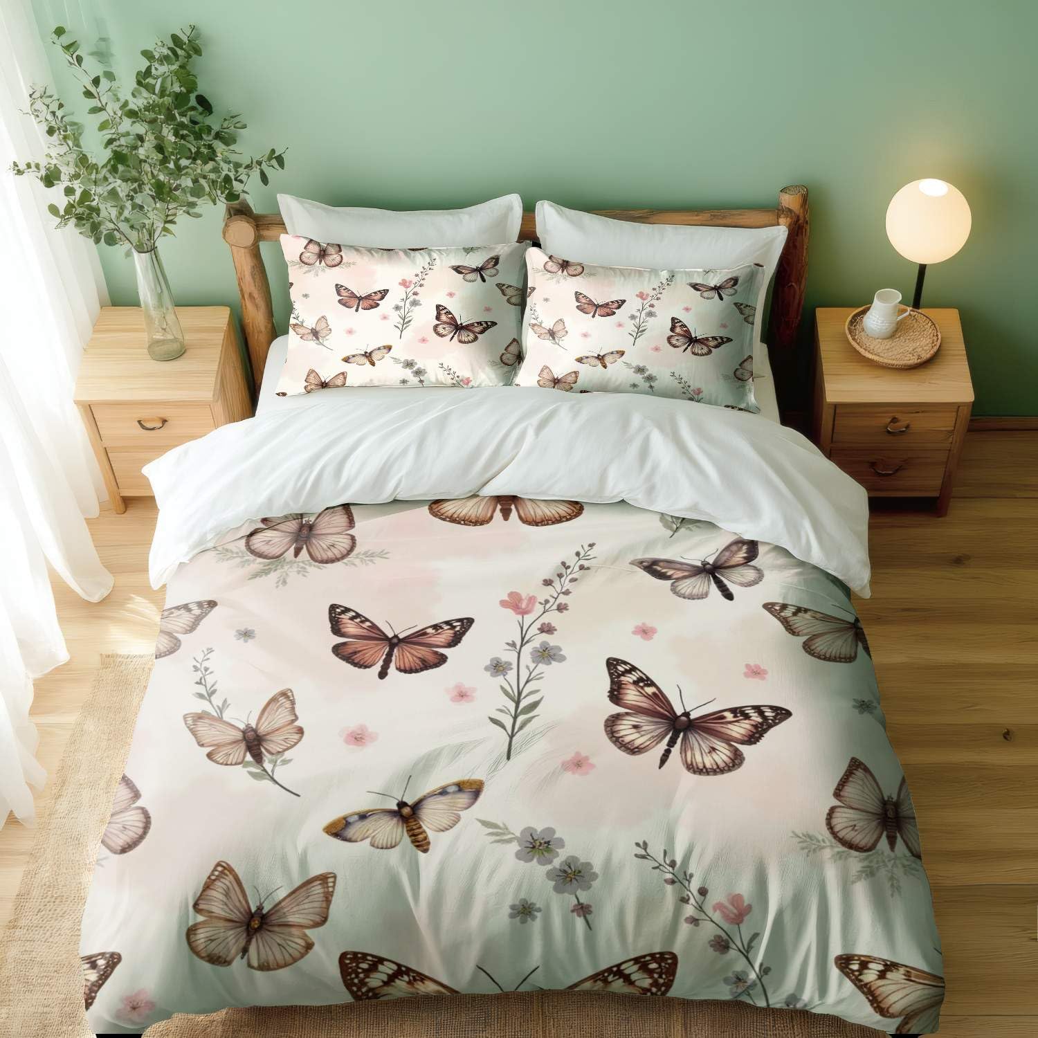 Housse de couette papillon rose avec 2 taies d'oreiller pour lit simple