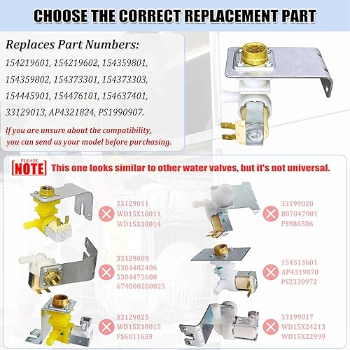 Miniatura 3 de 154637401 Válvula de entrada de agua para lavavajillas para Frigidaire para Kenmore para Crosley Lavavajillas Piezas de repuesto 154219601 154359801