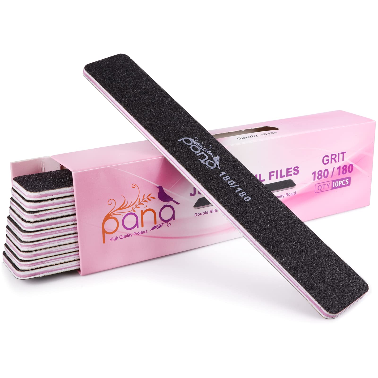 10pcs - PANA Jumbo Double-Sided Emery Nail File for Manicure, Pedicure, Natural, and Acrylic Nails - Black (Grit 180/180)