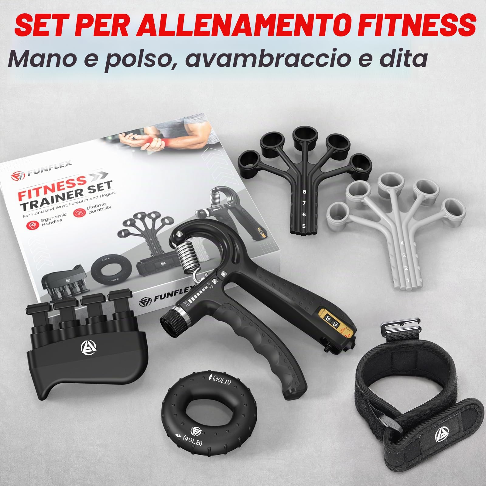 FUNFLEX Allenatore Mano Dita, Set Forza Presa Regolabile 5 Pezzi, Trainer Avambraccio, Estensore Dita, Fascia Polso Neoprene, Grip Ring, Allenamento Mano e Avambraccio