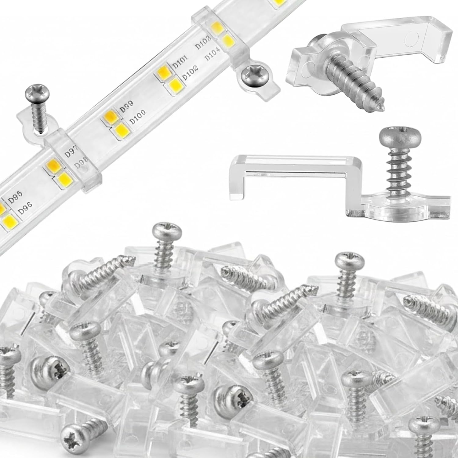100PCS LED Strip Mounting Clips Waterproof Secure Fixing LED Strip Clips with Screws One-Side, 10mm Wide