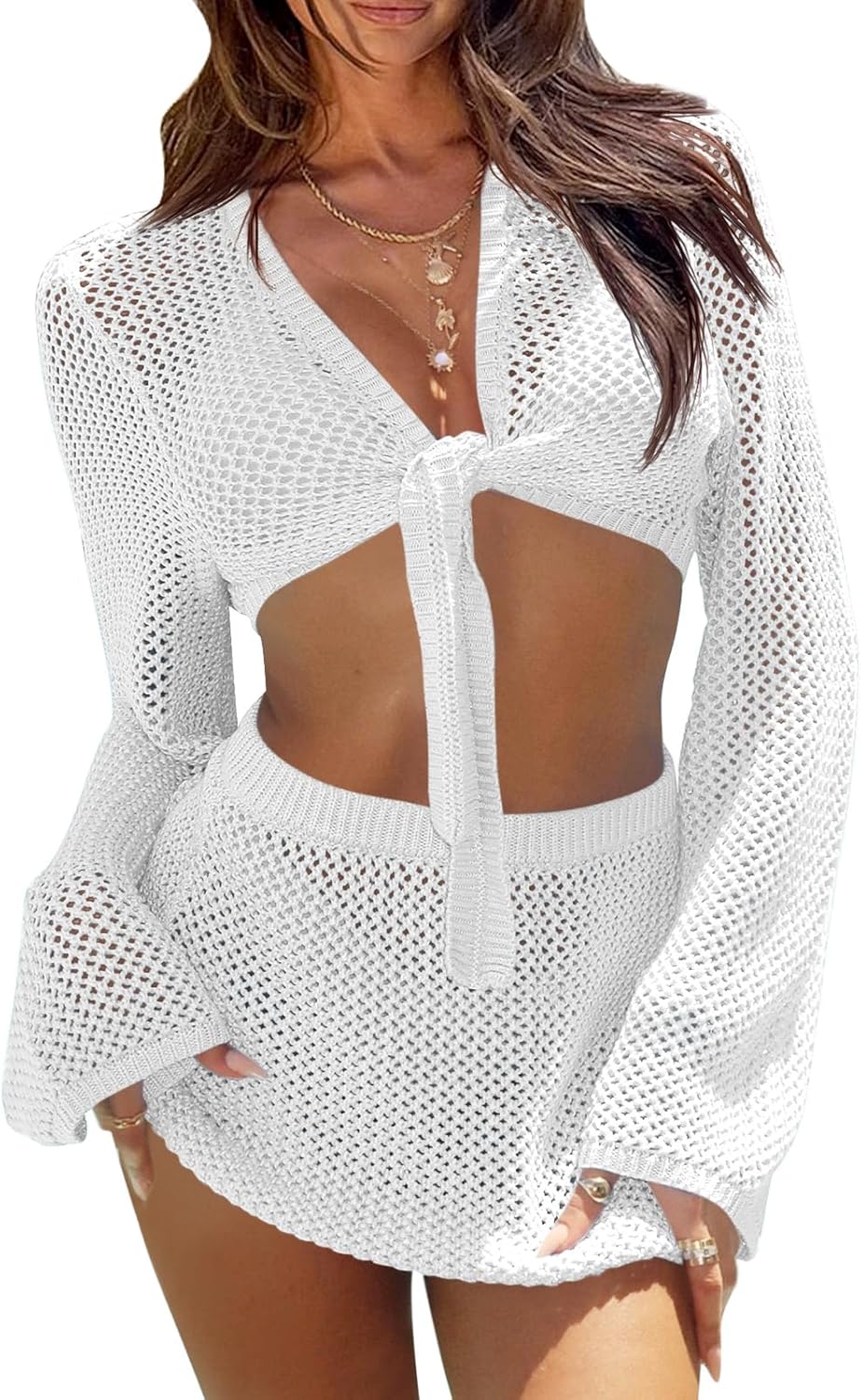 Fisoew Womens Crochet Swimsuit Coverups 2 Piece Bathing Suit Cover Up Long Sleeve Tie Front Crop Top Mini Skirt Sets