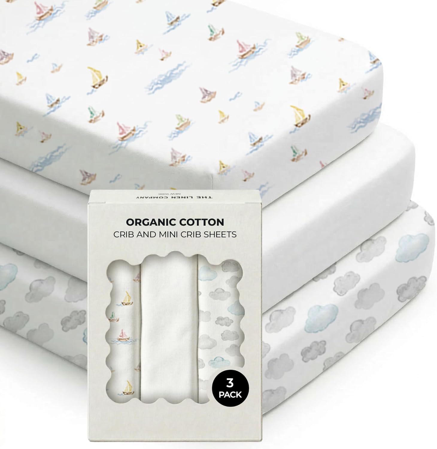 100% Organic Cotton Baby Crib Sheets (3-Pack) – GOTS Certified, Soft Fitted Sheets for Mini Mattress & Pack n Play, 5" Deep Pocket with Secure Elastic Fit, Boys & Girls, 28" x 55" (Watercolors)