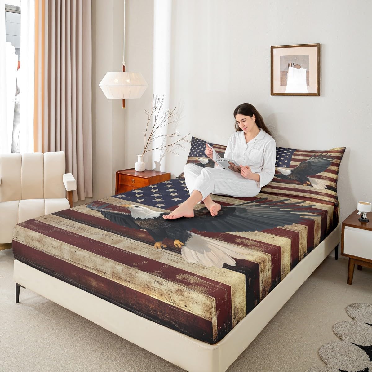 Erosebridal American Flag Fitted Sheet Full Size, Happy Independence Day Soft Bed Sheets for Bedroom, Vintage Eagle Bedding for Kids Boys Girls, July 4th Animal Bedding Sheets & Pillowcases