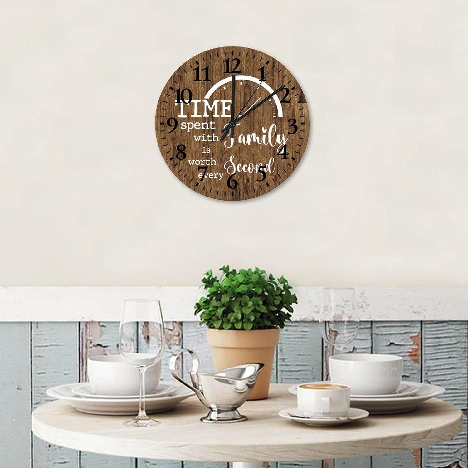 12 Inch Time Spent with Family is Worth Every Second Wooden Wall Clocks Battery Operated Silent Family Letter Quote Vintage Wood Print Wall Clock Arabic Numbers Round Clock for Home Office School