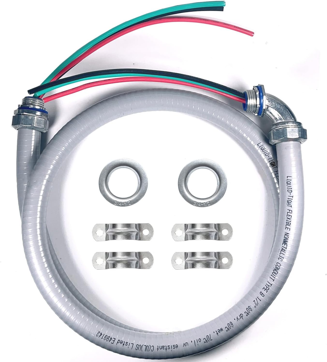 Electrical AC Whip Kit, 1/2-Inch 4FT Power Whip Assembly, Nonmetallic Liquid Tight Flexible Electrical Conduit, with Galvanized Steel Straight and 90°Elbow and 4 snaps (4FT x 1/2-Inch)