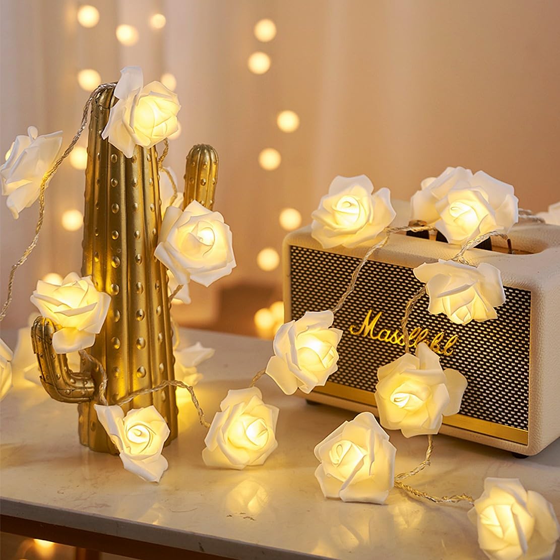 Jzk White 2M 6.6Ft 20 Led Rose Flower String Light Battery Operated Fairy Light For Wedding, Party, Valentine's Day, Proposal, Christmas Decoration, Warm