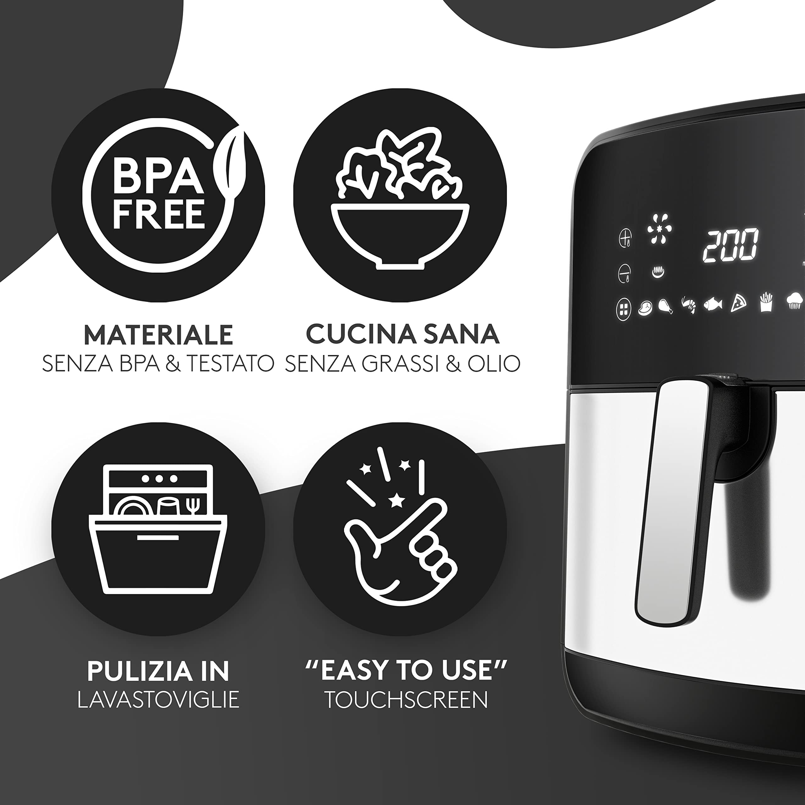 VANDENBERG Friggitrice ad aria calda - 5,5L - 12 programmi - 1700W - Airfryer - Senza olio&grasso - Cestello per pane&frittura - Rivestimento antiaderente, Touchscreen, Cool-Touch