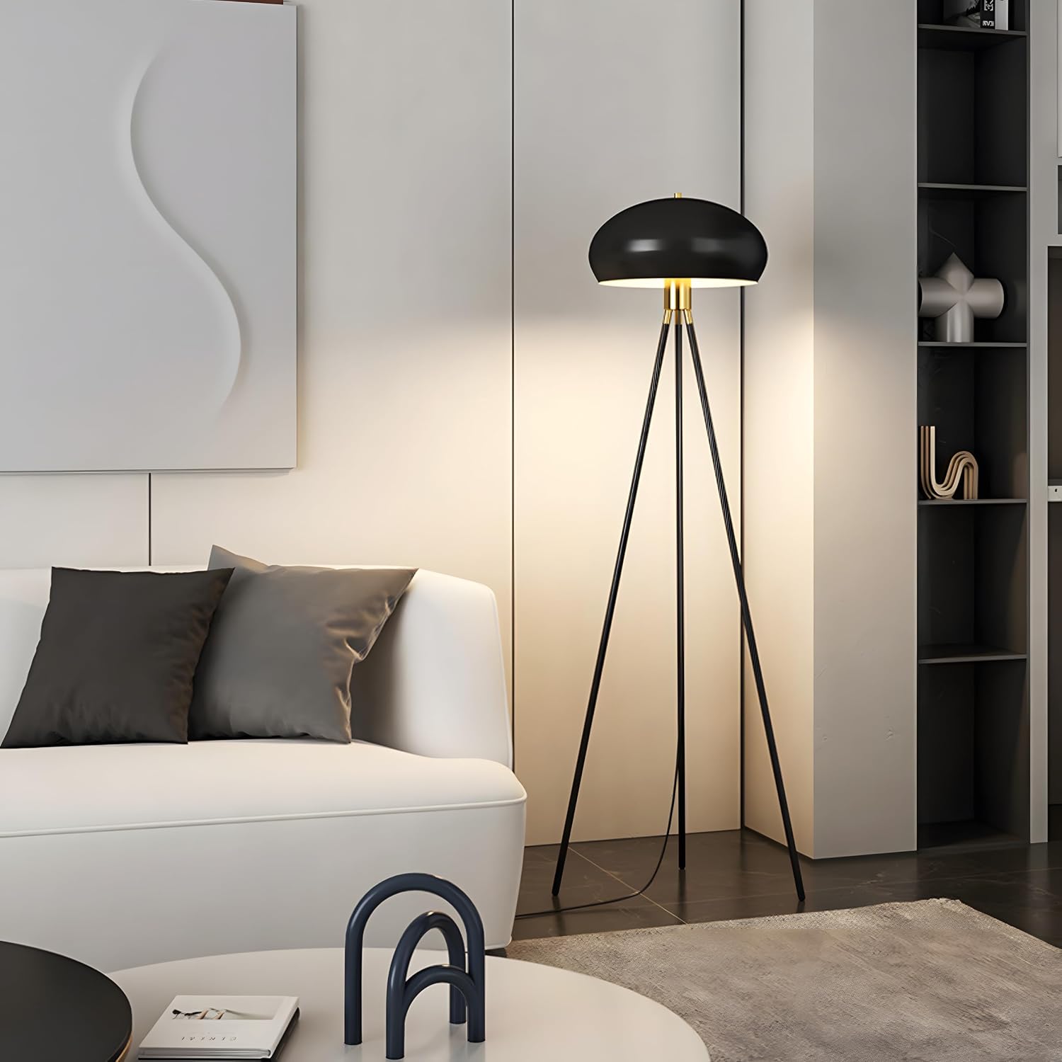 Bofea-Nordic Black Tripod Floor Lamp 3 Light Source Tall Standing Light for Living Room with Metal Lampshade and Bracket for Reading Office, Bedroom&Living Room