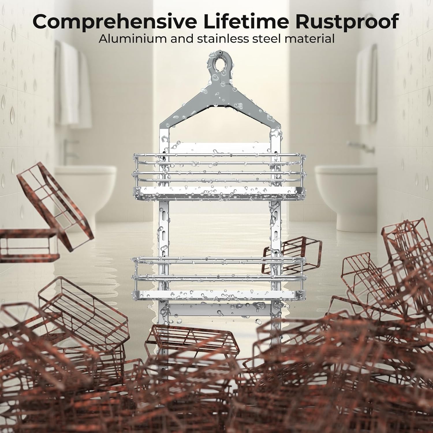 Orimade Aluminum Hanging Shower Caddy Over Head, Adjustable Bathroom Shelf with Hooks, Anti-Slip Rustproof Organizer Storage Rack Basket, Silver, 3 Tier