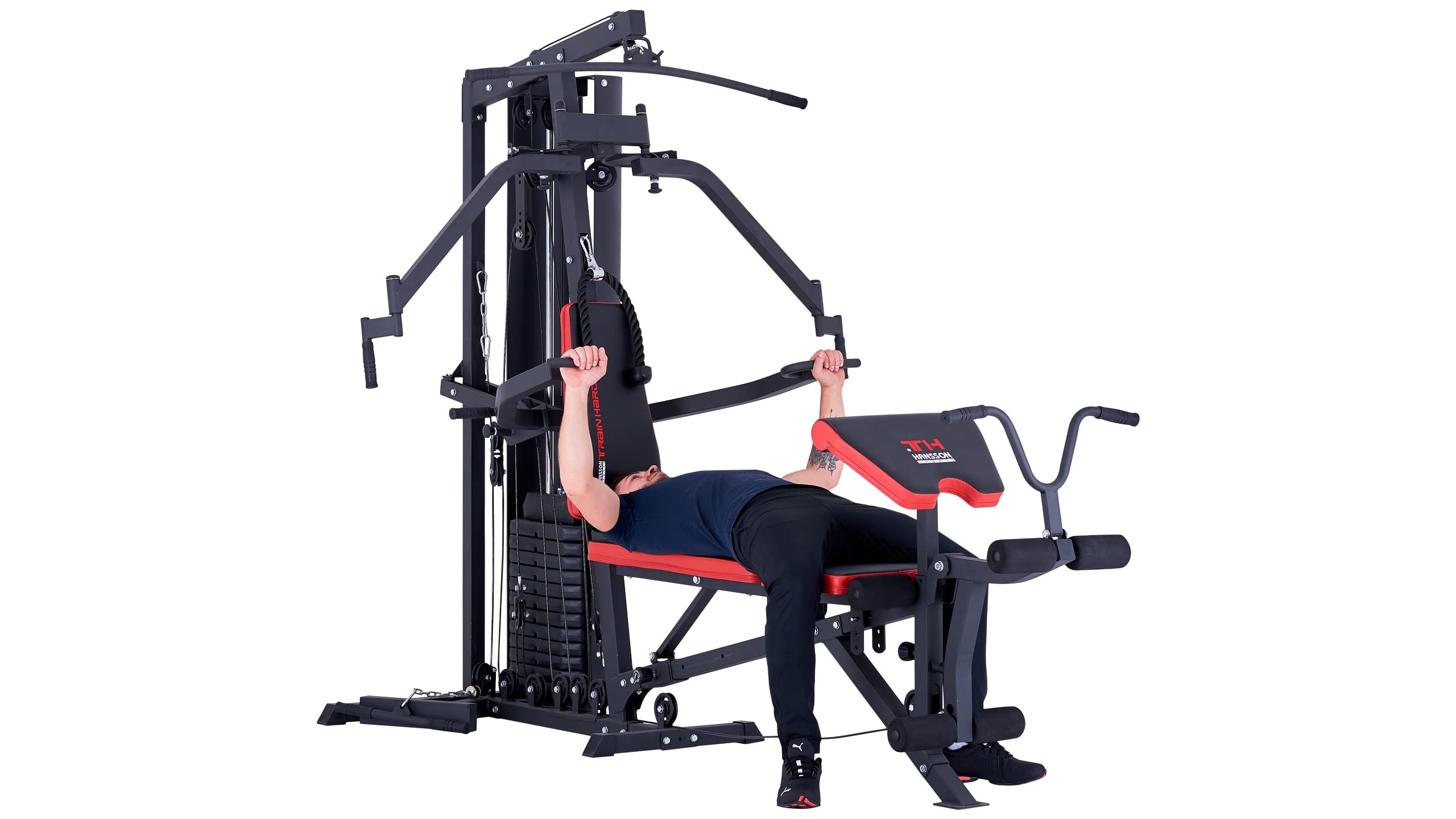 TrainHard® Wielofunkcyjna stacja kulturystyczna Multistation Home Gym z ławki do podnoszenia ciężarów stacja z linką do ćwiczeń curlpult Butterfly i trenażer nóg o wadze 85 kg