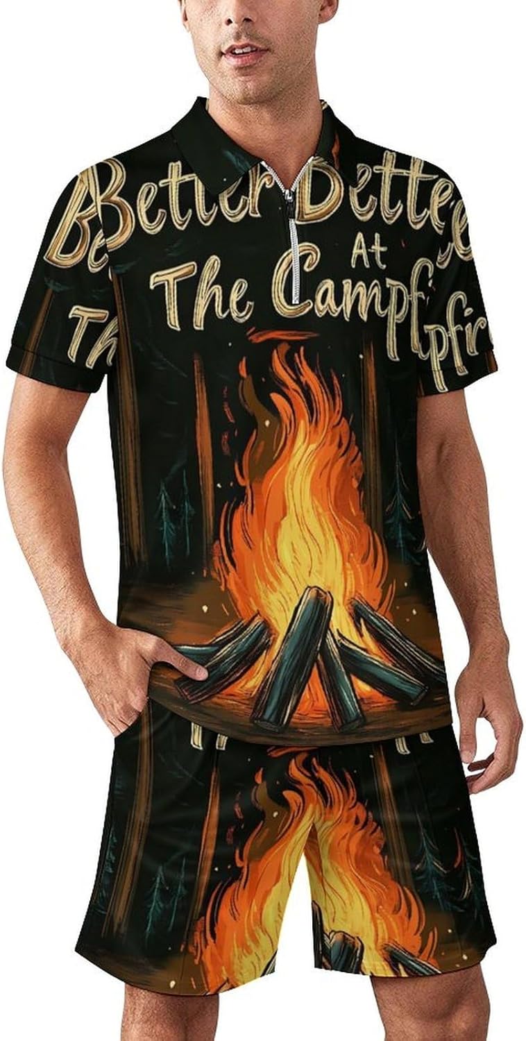 Fire Pit Camping Mens Polo Shirts Track Suits 2 Piece Short Sleeve Sweatsuit 1/4 Zip Golf Loungewear for Sports