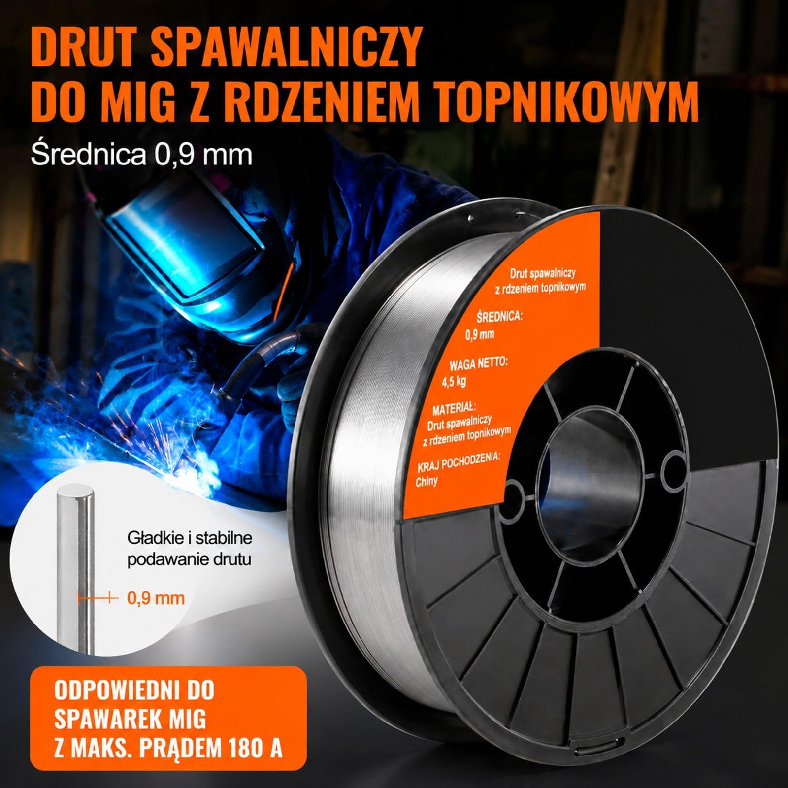 Drut proszkowy MIG, 1 rolka, 0,9 mm, 4,5 kg, szpula 200 mm do spawania MAG