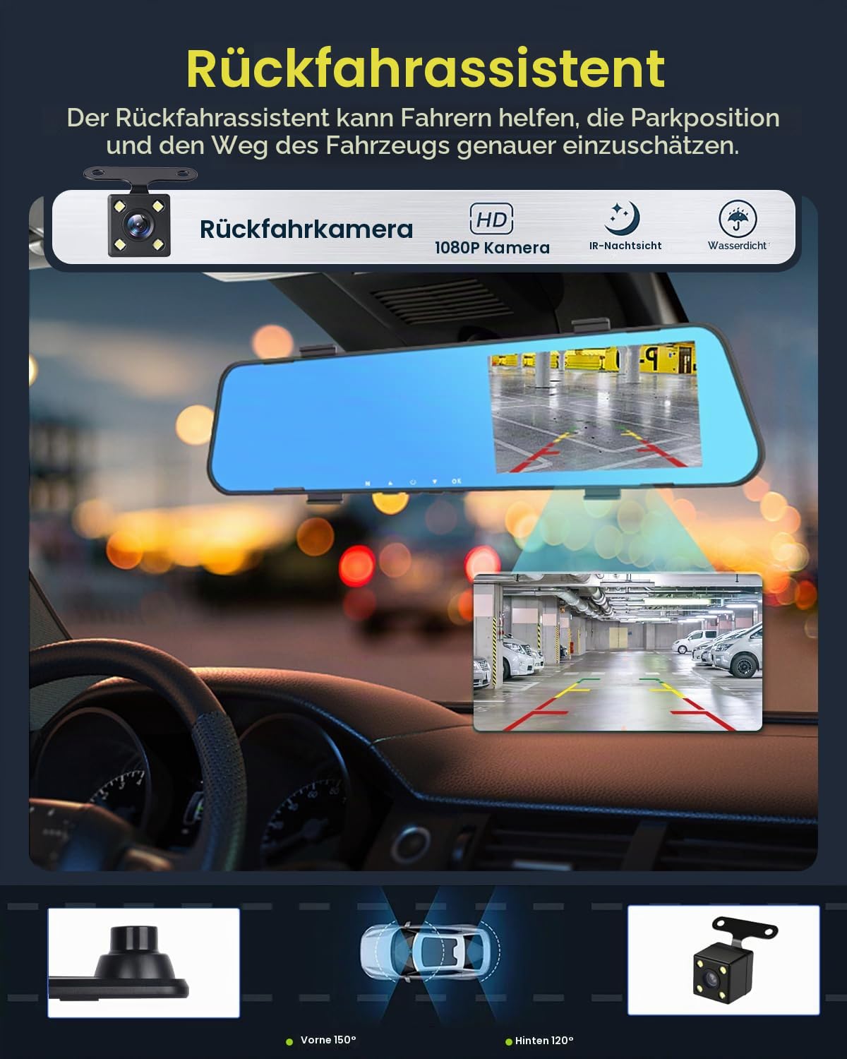 NHOPEEW 1080P Spiegel-Dashcam mit 4,5-Zoll-Bildschirm, Front- und Rückkamera, Loop-Aufzeichnung, Parkhilfslinien, Nachtsicht, Belichtungssteuerung, Plug & Play, 32 GB Karte