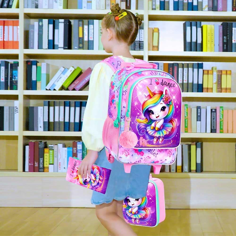 WZLVO 4PCS Unicorn Rolling Backpack for Girls - Cute Wheeled School Set with Lunch Box,Water Resistant Roller School Backpack on Wheels for Elementary Kids Travel