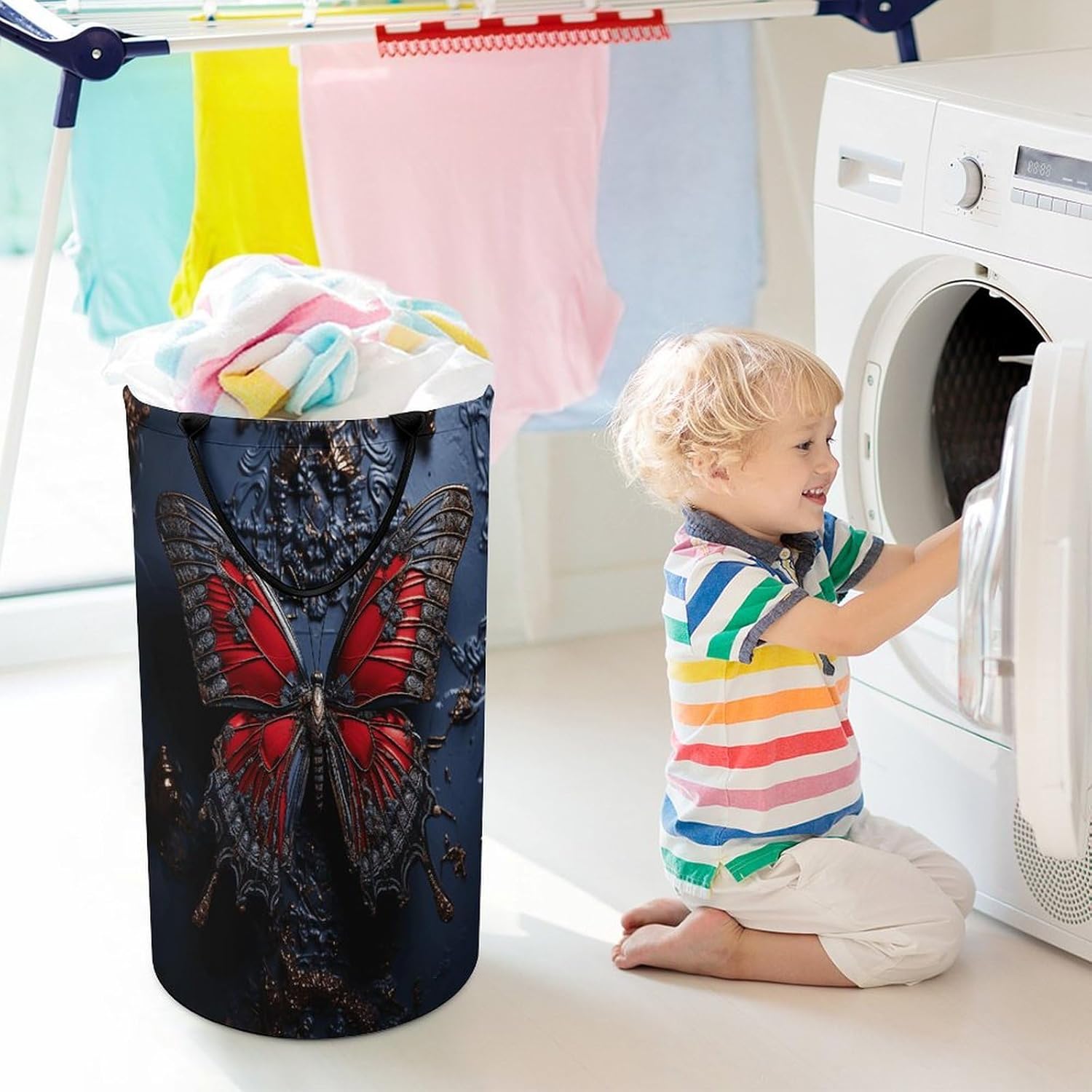 Red ButterflyLaundry Hamper - Large Dirty Clothes Bag.Storage Basket for Easy Carry Handles. Large Clothes Basket with Handles, Clothing Storage Bucket Toy Organizer for Bathroom Bedroom Dorm.