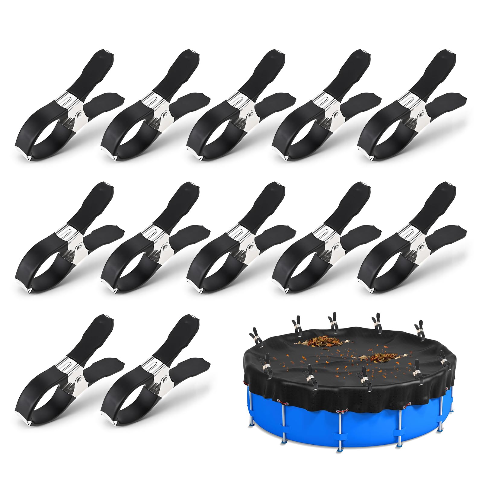 Hicello 12cm Heavy Duty Laundry Clips, 12PCS Pool Cover Clips with Rubber Coated Tipped Grip, Stainless Steel Windproof Blanket and Clothesline Pegs for Camping, Outdoor Drying and Home Use - Black