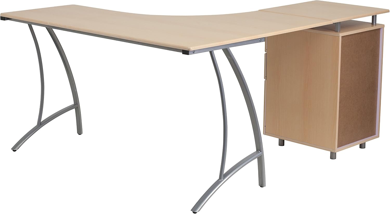 EMMA + OLIVER Beech Laminate L-Shape Desk with Three Drawer Pedestal