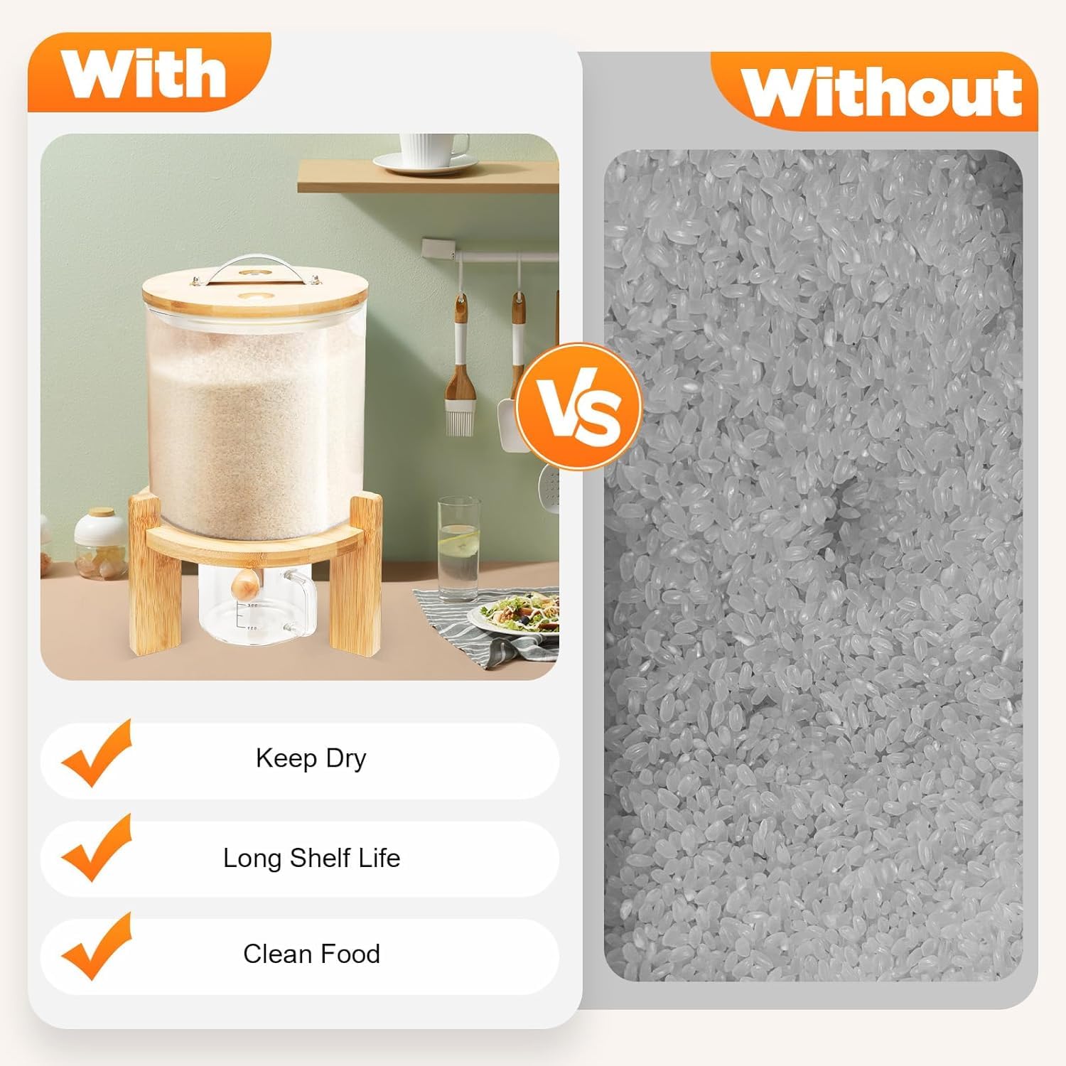 Dispensador De Arroz Y Recipiente para Cereales Hermético - Recipiente De Vidrio para Alimentos De 5 litros con Tapa De Bambú Y Soporte De Madera, Organizador De Granos A Prueba De Fugas con