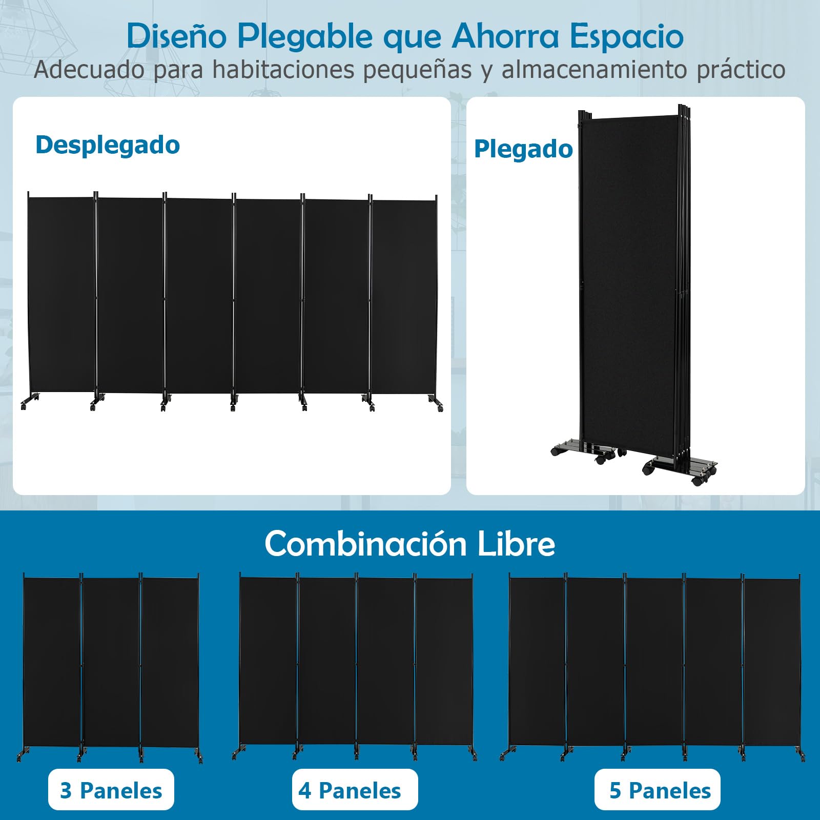 GOPLUS Biombo Separador de Ambientes de 6 Paneles con 14 Ruedas Bloqueables, Biombo Plegable de Tela con Marco de Metal para Privacidad, Divisor para Salón Dormitorio Oficina (Negro)