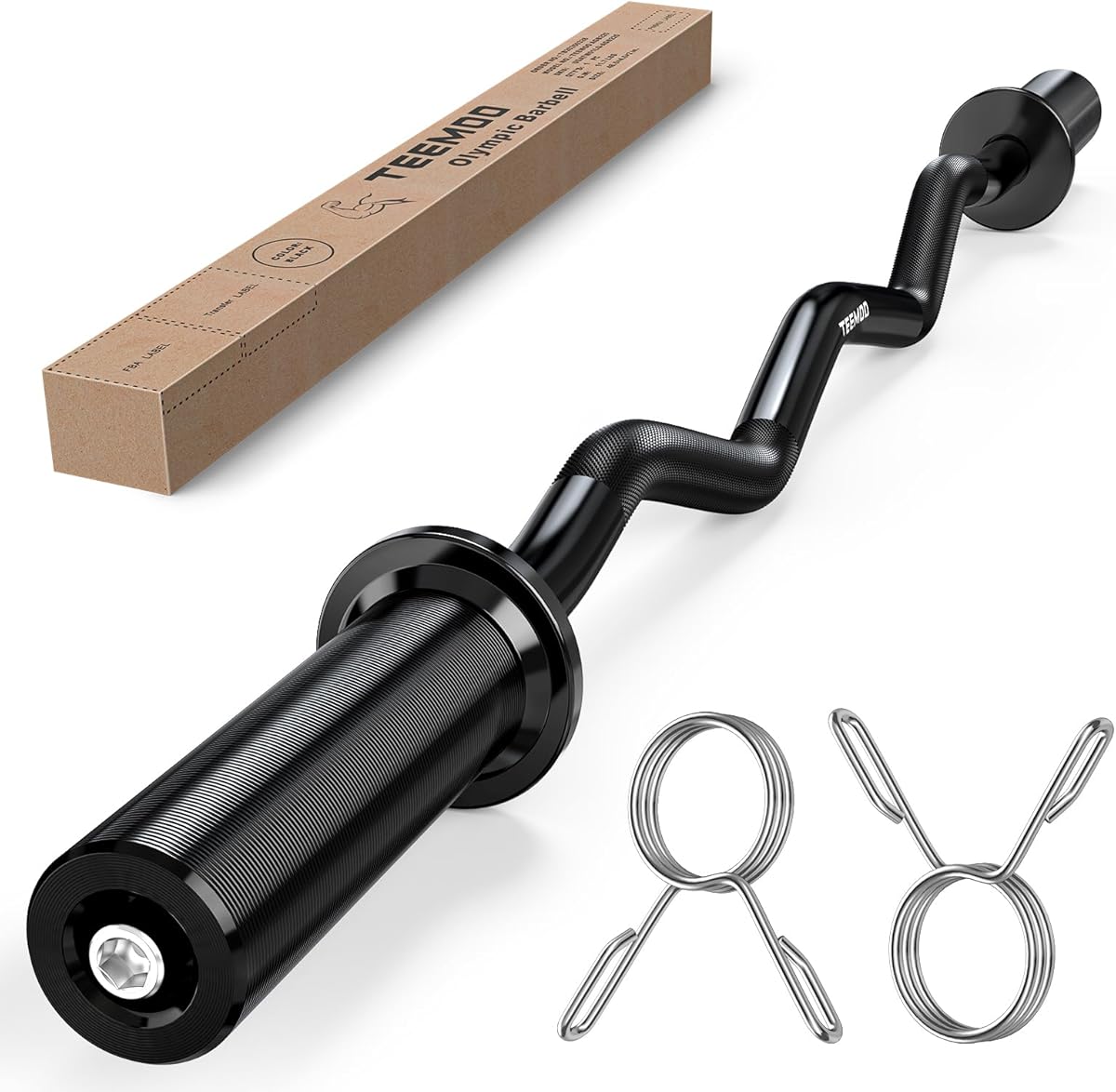 TEEMOO Olympic EZ Curl Barbell Bar, 47" Curl Bar with 2 Spring Collars,Curling bar for Weight Lifting, Squat, Hip Thrusts, Biceps, 500lb Weight Capacity, E-Coat Finish for 2 inch Weight Plates (Black)