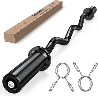 TEEMOO Olympic EZ Curl Barbell Bar, 47" Curl Bar with 2 Spring Collars, Curling bar for Weight Lifting, Squat, Hip Thrusts, Biceps, 500lb Weight Capacity, E-Coat Finish for 2 inch Weight Plates (Black)