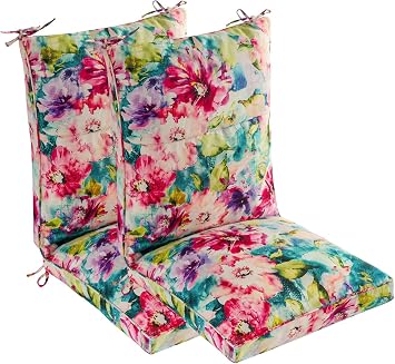 Set of 2 Outdoor Dining Chair Cushions, Comfort Patio Seating Cushions, 44 x21x4.5 inch, Single Welt and Zipper Watercolor Flowers