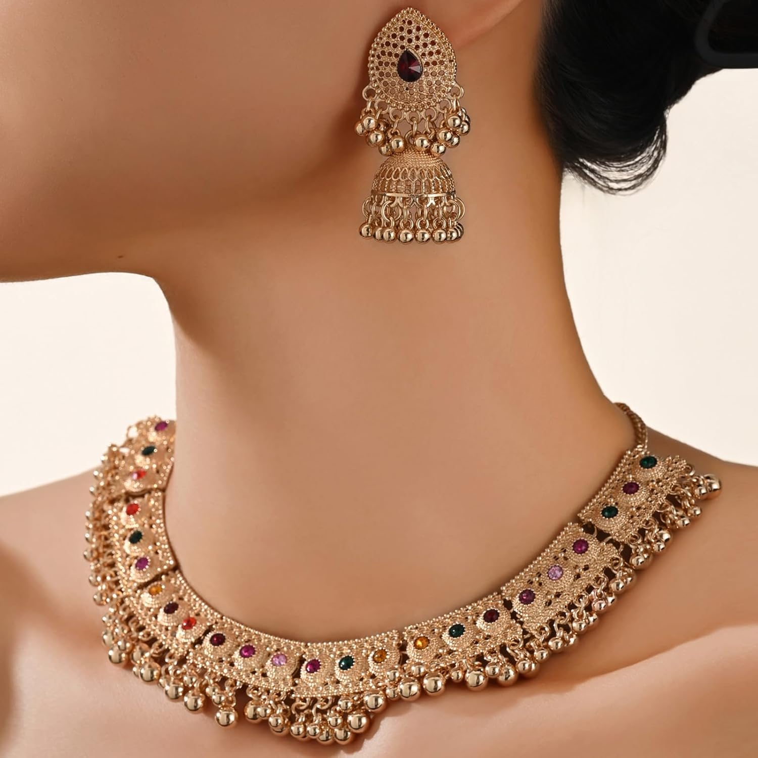 Indian-Jewelry-Jhumka-Necklace-Sets Kundan-Earrings for Women Gold-Chain-Wedding-Choker Oxidized Indian Jewelry Set for Brides