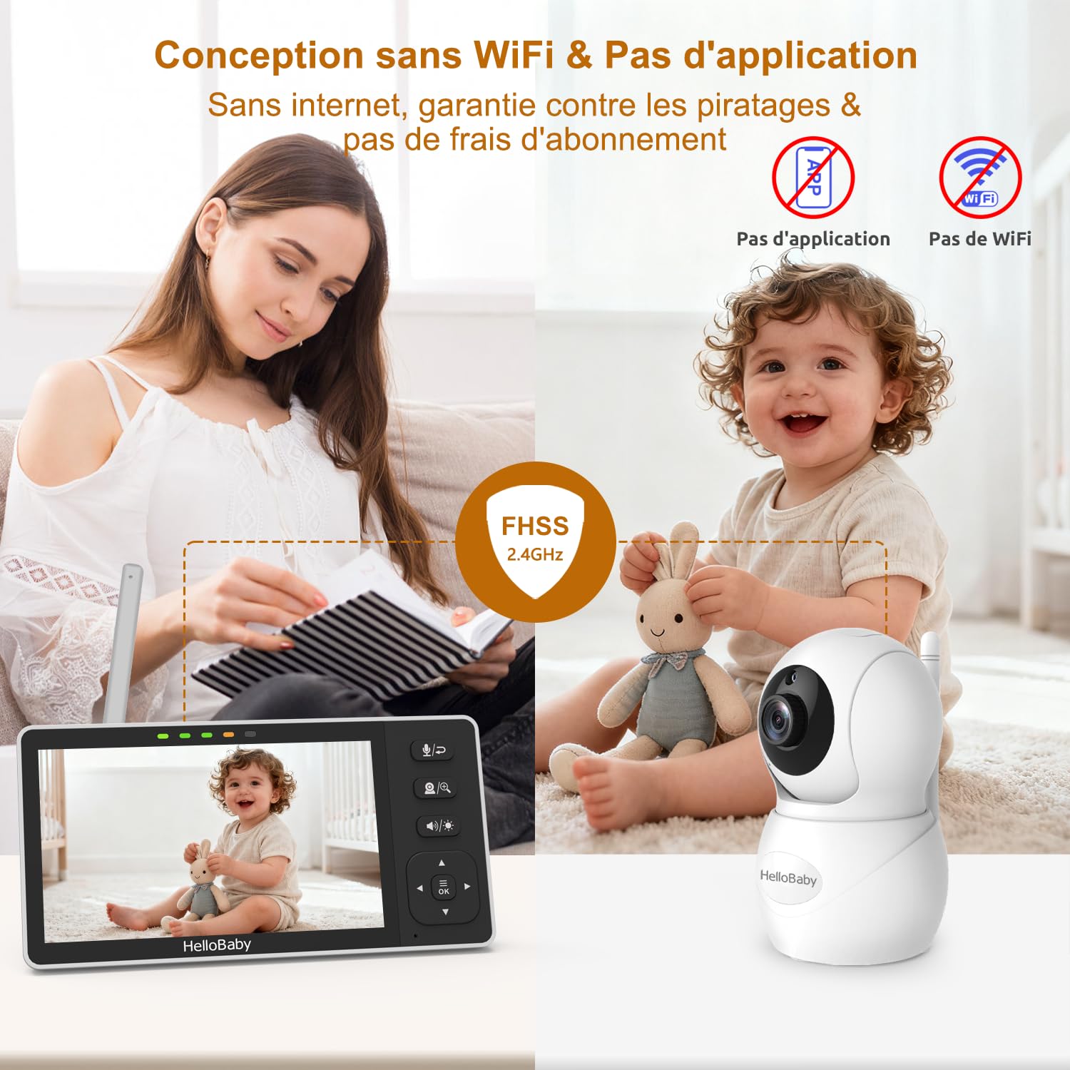 HelloBaby Babyphone Bébé Moniteur avec Écran 5,5 Pouces, Caméra HD 720p IPS, sans WiFi, Pan-Tilt-Zoom, Communication Bidirectionnelle