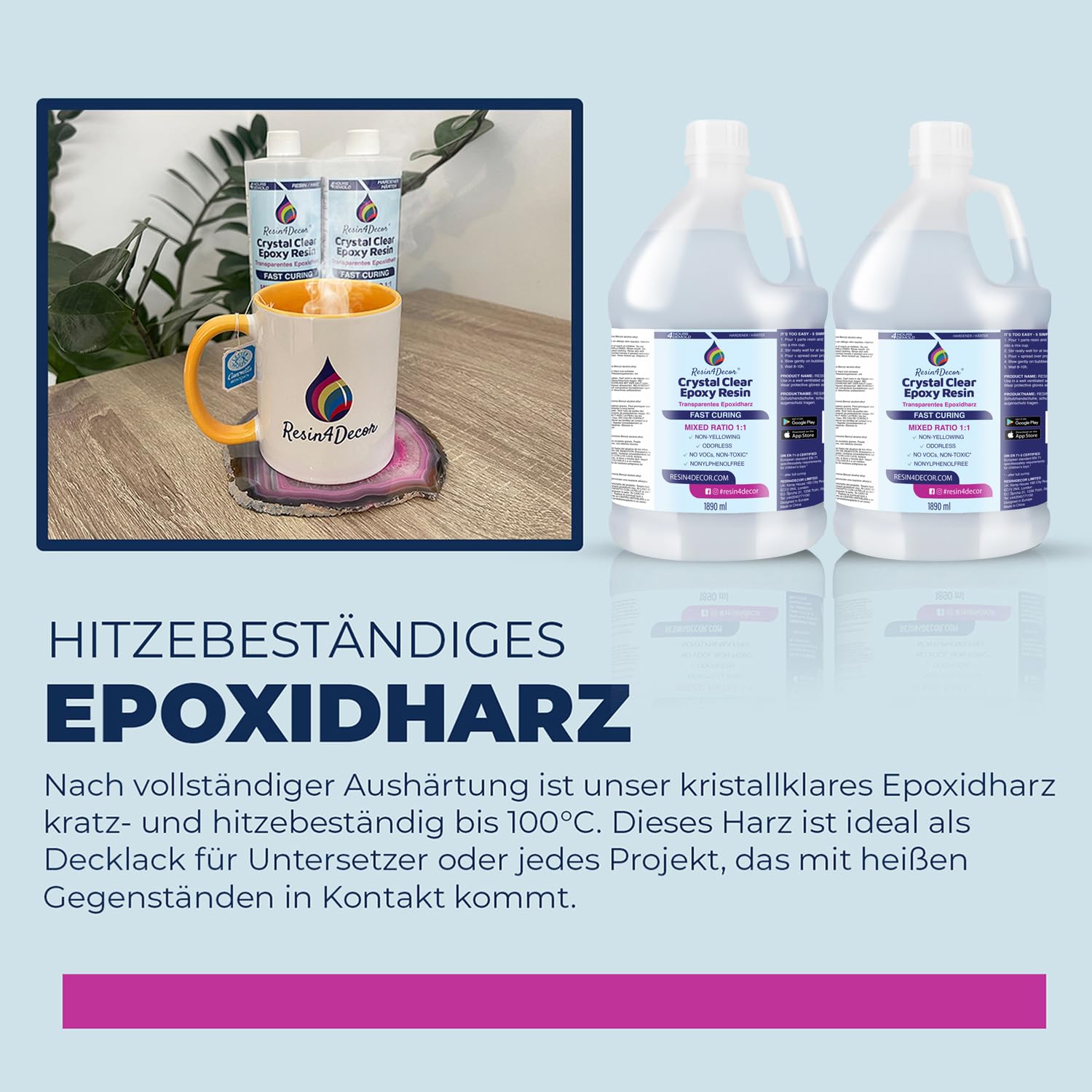 Schnell härtend Epoxidharz set (4h Entformzeit) RESIN4DECOR 1:1 Kristallklares Harz & Härter für Kunsthandwerk Schmuckherstellung Vergilbungsfrei Ungiftig Hochglanz Geruchlos Hitzebeständig - 3780ml