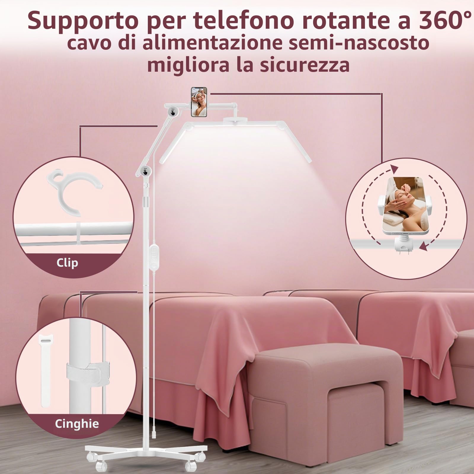 Diesisa Pieghevole lampada estetista da terra Senza Sfarfallio per Estetica | Lampada per Extension Ciglia con Ruote - Regolazione in Altezza, Lampade da Terra Regolazione Dell'intensità - Bianca