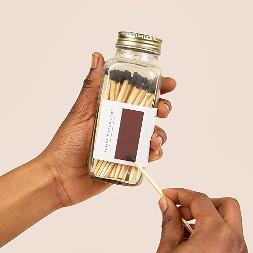 Miniatura 2 de Sweet Water Decor Cerillas de seguridad negras de 4 pulgadas, tarro de vidrio con tapa dorada, aproximadamente 60 cerillas, fósforos, decoración del