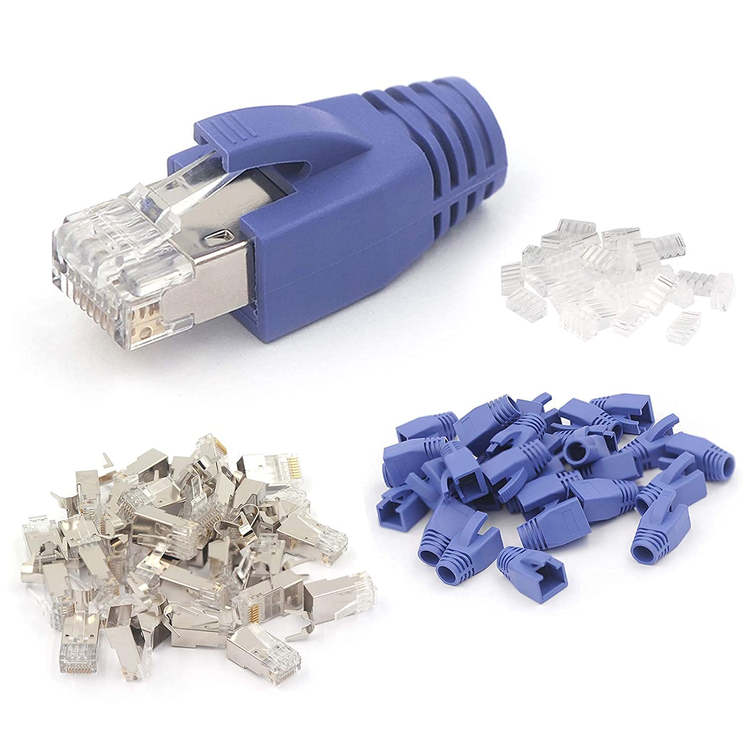 20 Pack CAT7 Shielded RJ45 Connector Cat6A, Cat7 Cable STP Solid and Stranded Ethernet Wire Cat7 Modular Plug comes with 20 Load Bar and 20 CAT7 RJ45 Boots (BLUE)