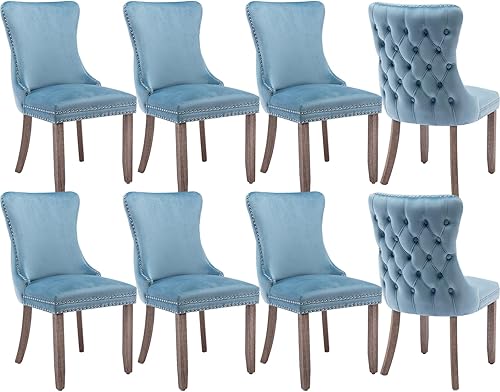 Miniatura 27 de Juego de 4 sillas de comedor de terciopelo, sillas de comedor tapizadas con respaldo de alas altas con ribete de cabeza de clavo, patas de madera 19