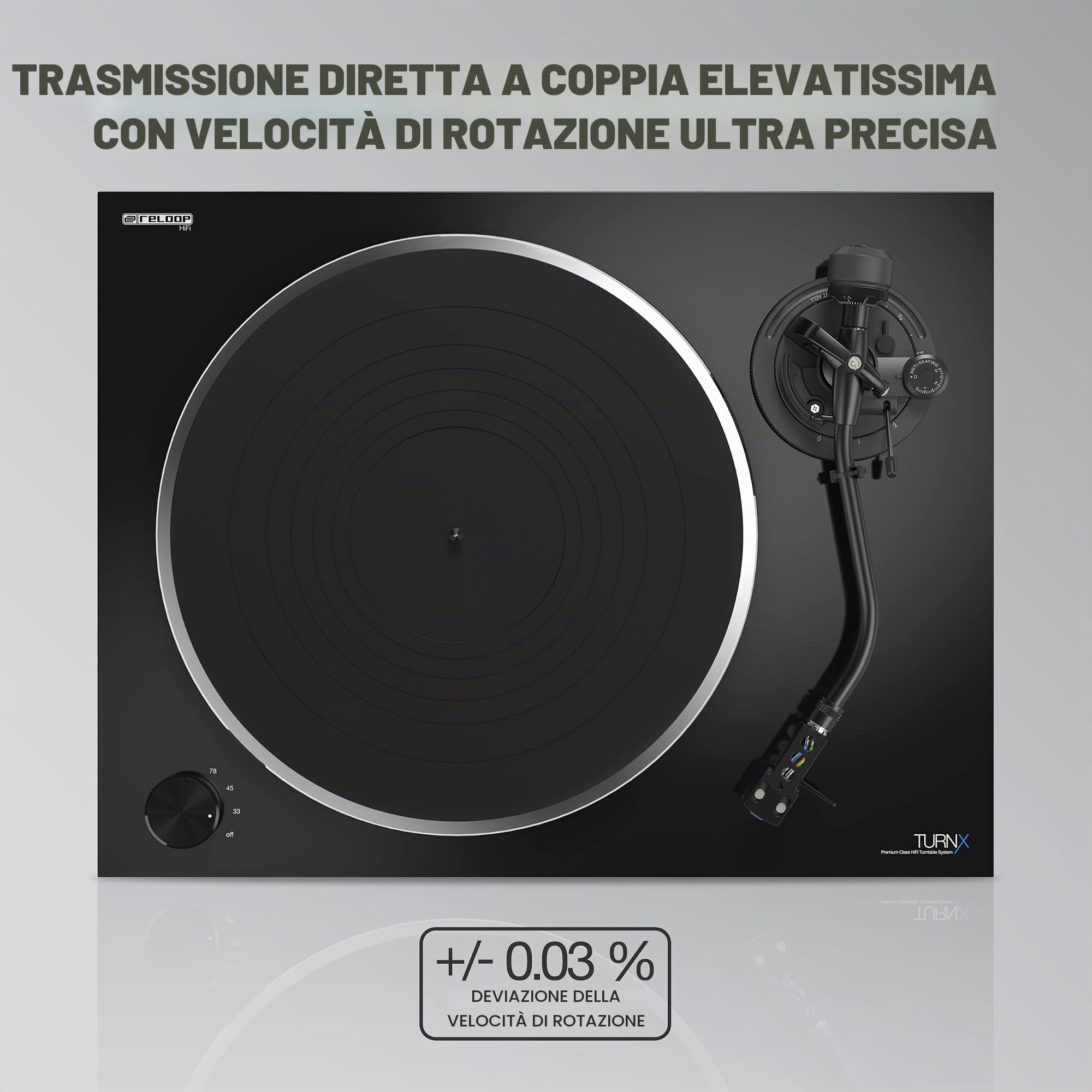 Reloop Turn X - Giradischi HiFi Premium con testina Ortofon 2M Blue, trazione diretta Super High Torque, controllo preciso della rotazione, 3 velocità, piatto in alluminio pressofuso fresato a CNC