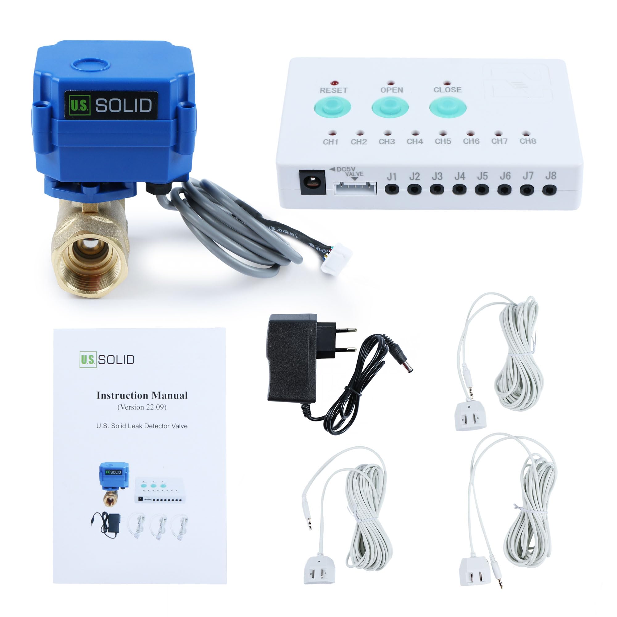 U.S. Solid Detector de Fugas de Agua - Sistema Detector de Alarma de Fugas de Agua con válvula de Bola motorizada de latón de Cierre automático de 3/4", Controlador y 3 sensores y Alarma de Sonido