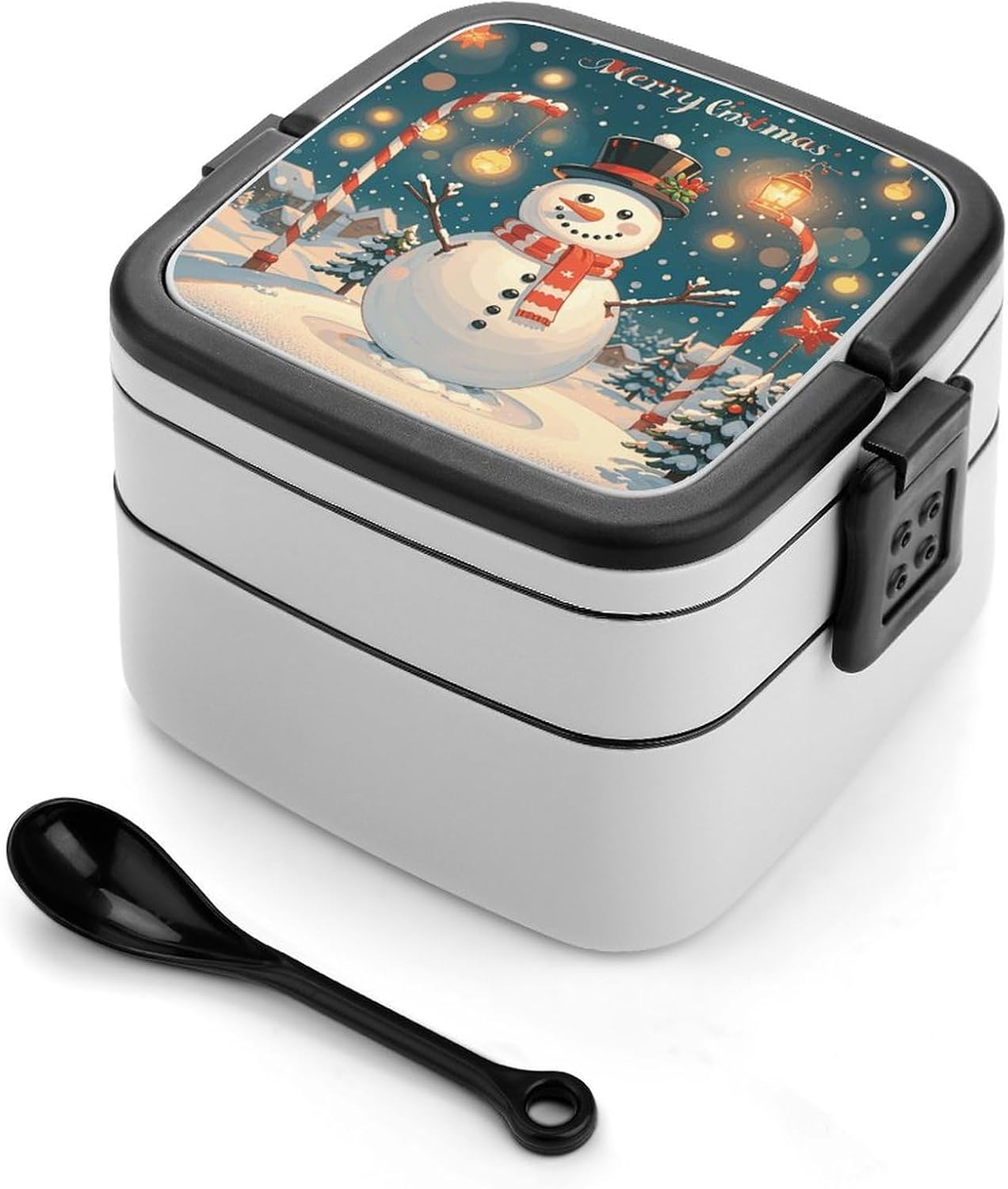 Bento Box with Spoon And Handle Merry Christmas Lovely Snowman Printed Stackable Bento Box Portable Bento Lunch Box Container for Work Camping And Travel