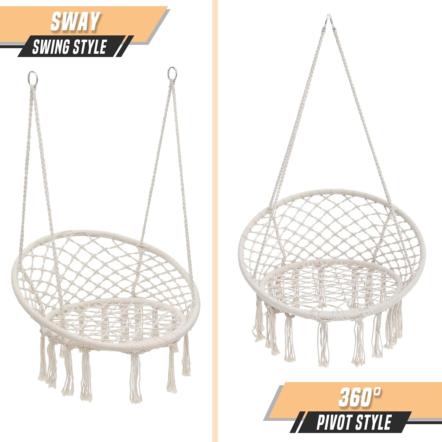 Hammock Swing Chair for Bedroom, Macrame Hanging Chair with Cushion, Max 350 Lbs, Hardware Kit Included (Beige)
