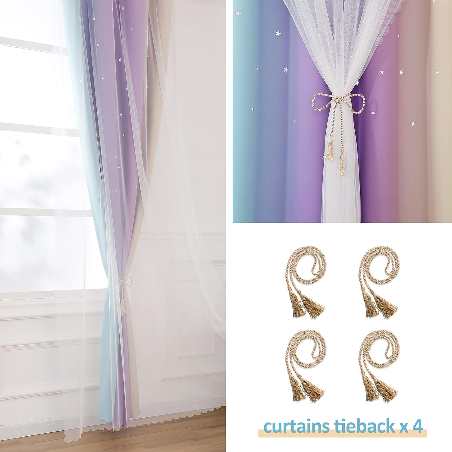 Anjee Curtains for Girls 2 in 1 Double Layer Cutout Star Light Blocking Ombre Grommets Top Drape with Lace Sheer Voile Gauze for Living Room Kids Bedroom 2 Panels 52 x 95 inch, Blue Purple Yellow