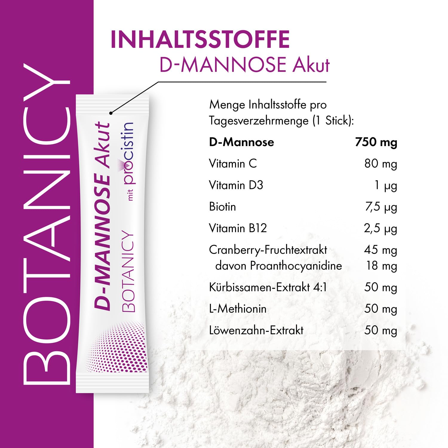 BOTANICY D-Mannose + Cranberry Akut - Bei Blasenentzündung & Harnwegsinfektion - PROCISTIN® D-Mannose-Pulver mit Cranberryextrakt - inkl. Löwenzahn, Ohne künstliche Zusätze & Gentechnik