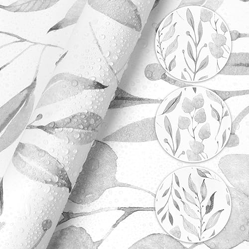Miniatura 7 de WENMER Papel tapiz autoadhesivo de hojas grises de 17.7 x 1181 pulgadas, autoadhesivo, hojas de acuarela, papel de contacto floral extraíble para