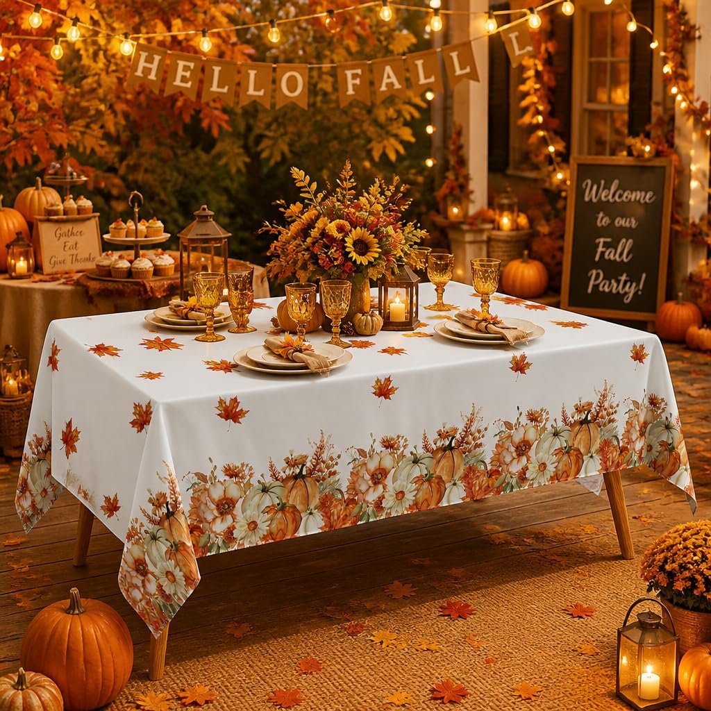 ATFUNSHOP Fall Thanksgiving Tablecloth 4 Packs Plastic Disposable Table Cloth 54x108 Rectangle Table Cover with Pumpkin & Maple Leaf for Holiday Dinner Party Decorations Outdoor Picnic & Baby Showers