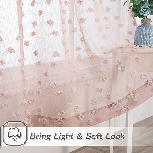 Miniatura 7 de MYSKY HOME Cortinas rosas para dormitorio de niñas, cortinas traslúcidas con pompones para comedor, cortinas largas de 63 pulgadas de largo,
