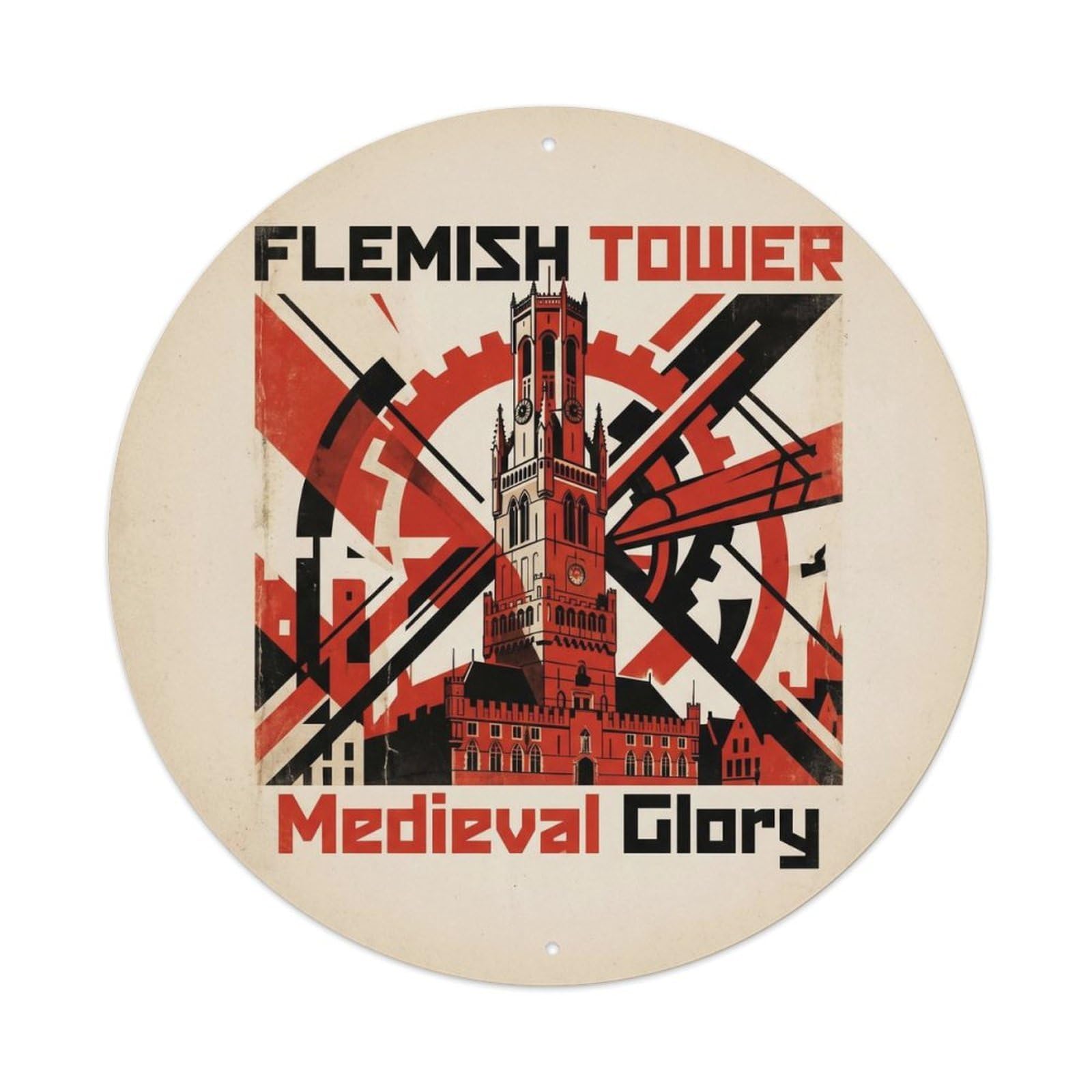 Flemish Bell Tower Belgium Vintage Medieval Travel Landmark Metal Tin Sign Plaque Wall Decor for Cafe, Man Cave, Club Bar, Office, Home Garden Round Metal Poster 8x8Inch