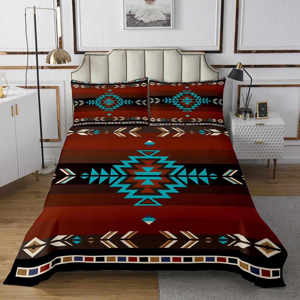 jejeloiu Southwest Native Bedspread for Kids Boys Girls Southwestern Geometric Coverlet Set King Size Tribal Quilted Coverlet Bedroom Decor Breathable Soft Lightweight Microfiber Orange Teal 3Pcs