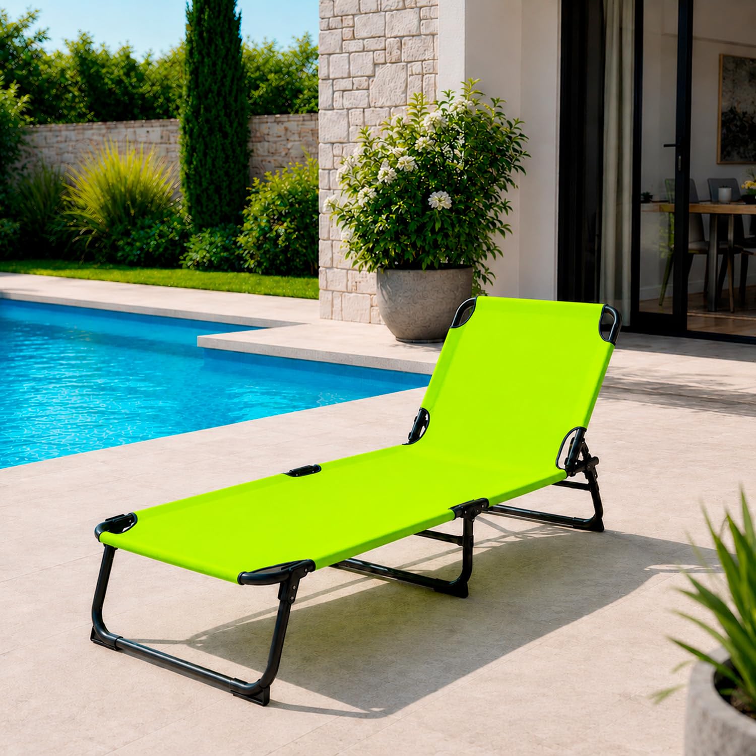 Lettino Mare Pieghevole Prendisole Schienale Regolabile Reclinabile Struttura In Metallo Nero Sedia Relax Per Spiaggia Campeggio Piscina Giardino 187 x 53 x 24 Cm (Verde Fluo)