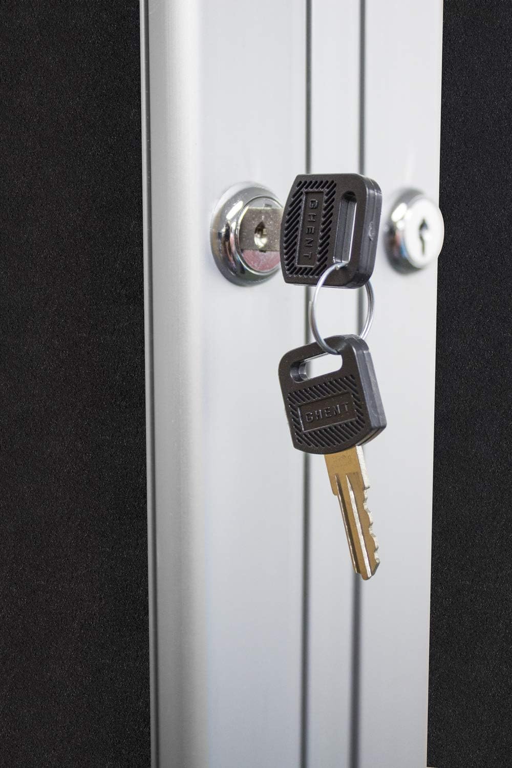 Ghent 48" x 96" 3-Door indoor Enclosed Recycled Rubber Bulletin Board, Shatter Resistant, with Lock, Satin Aluminum Frame,Confetti (PA34896TR-CF)-Made in USA