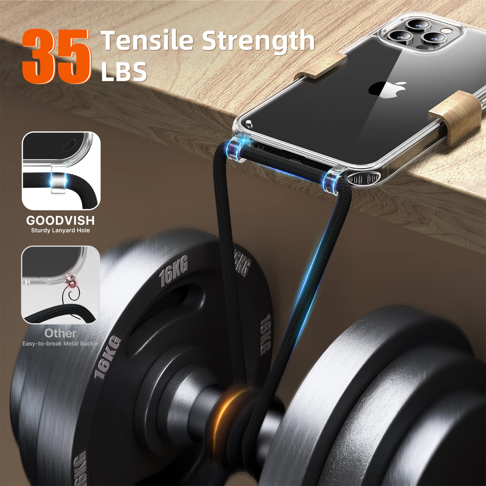 GOODVISH Cover Trasparente con Cordino per iPhone 12 Pro Max 6.7'',Custodia con Regolabile Collana per iPhone 12 Pro Max, [Antiurto] [AntiGraffio] [Antiscivolo] Case con Laccio Tracolla,Nero