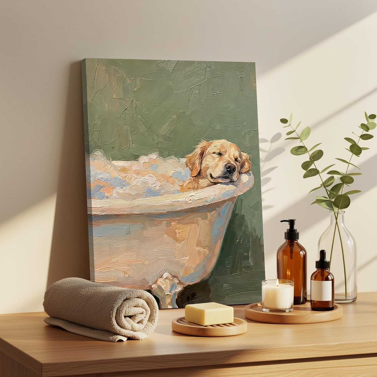 Funny Dog Bathroom Canvas Wall Art Golden Retriever Sleeping in Bathtub Wall Decor Cozy Dog Spa Pictures Cute Whimsical Animal Posters Prints for Bathroom Washroom Restroom 16x24in Framed